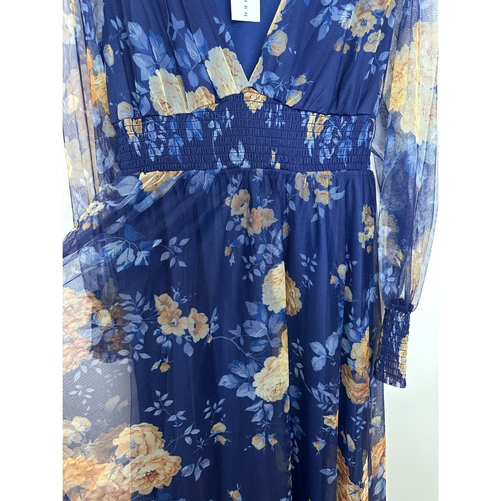 NEW Baltic Born Layla Tulle Maxi Dress Blue Golden Floral V-Neck Smocked Large - Picture 7 of 16
